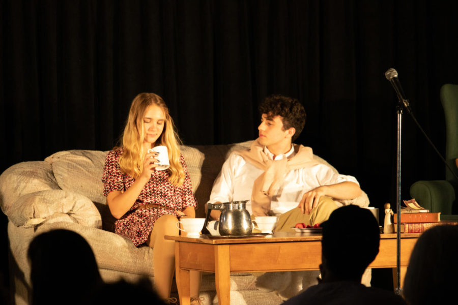Fiona Starkweather, played by Emma Bednar, converses with Jordan Starkweather, her son, played by Nick Geoghegan, about their loss of a portion of Simon Starkweathers will. 
