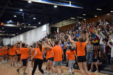 The Senior class celebrating their win in the 2019 Homecoming Olympics. 
