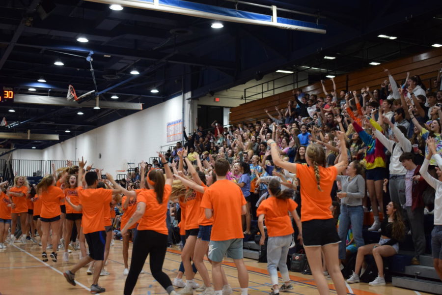 The Senior class celebrating their win in the 2019 Homecoming Olympics. 
