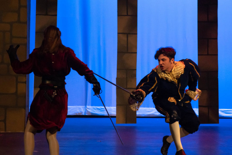 Romeo fights with Tybalt (Abby Kushenbach) because he is angry about Mercutio’s death. 