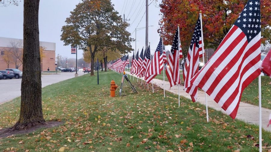 American flags laid out on Naperville North High School grounds, Wednesday, Nov. 10, 2021.