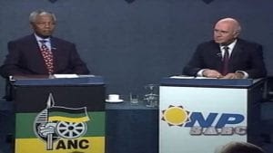 African National Congress president Nelson Mandela (left) and State President FW De Klerk (right) as leader of the governing National Party in the first election debate broadcast by the South African Broadcasting Corporation (the country's public broadcaster) on April 14, 1994.