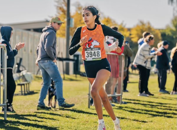 Junior cross country athlete Shania Tandon runs at the IHSA Regional. Photo courtesy of @thetandomtwins.run on Instagram.