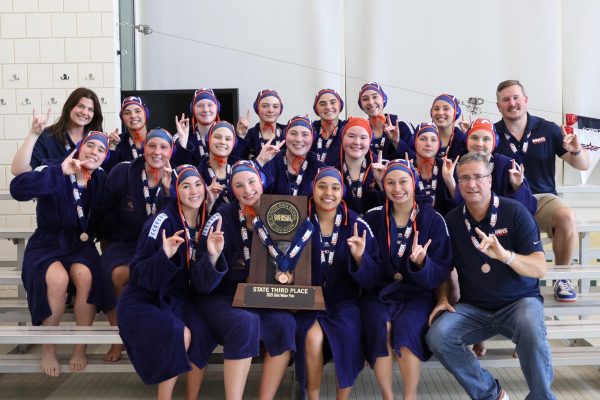 NNHS Girls Varsity Water Polo team posed after winning 3rd place at State.