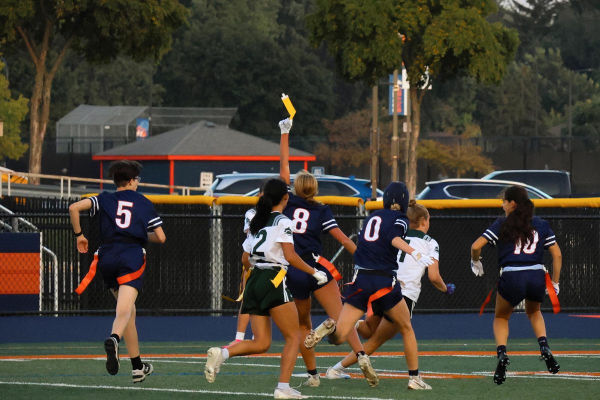 Lily Kessler (8) holds up a flag in a sea of players.