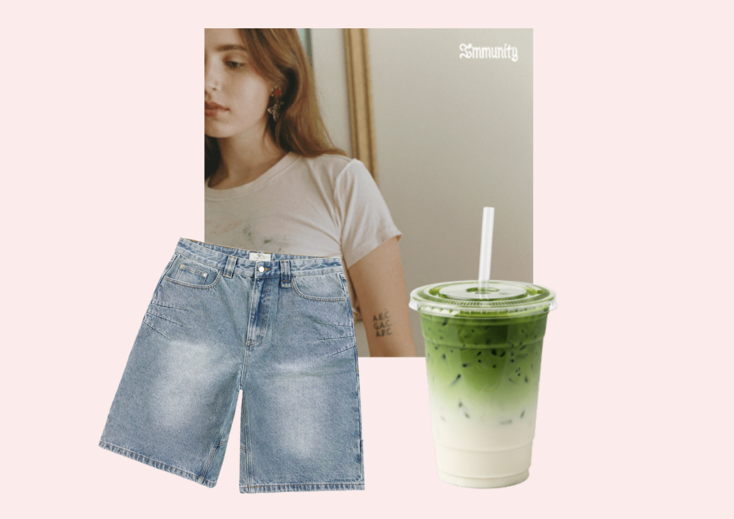 Graphic of a performative males' favorite things: a Tote bag, Clairo, matcha, jorts, and wired headphones. Graphic made with Canva.