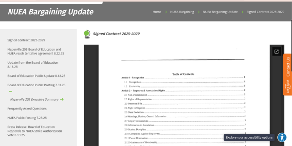 The D203 Homepage published the new approved contract. Photo courtesy of the D203 "NUEA Bargaining" page
