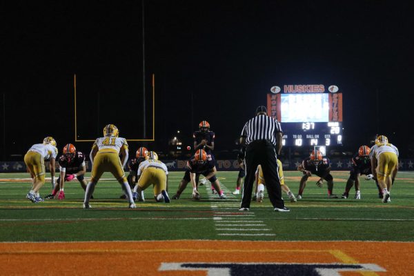 The Huskie offensive lineup sets up to try a touchdown play.