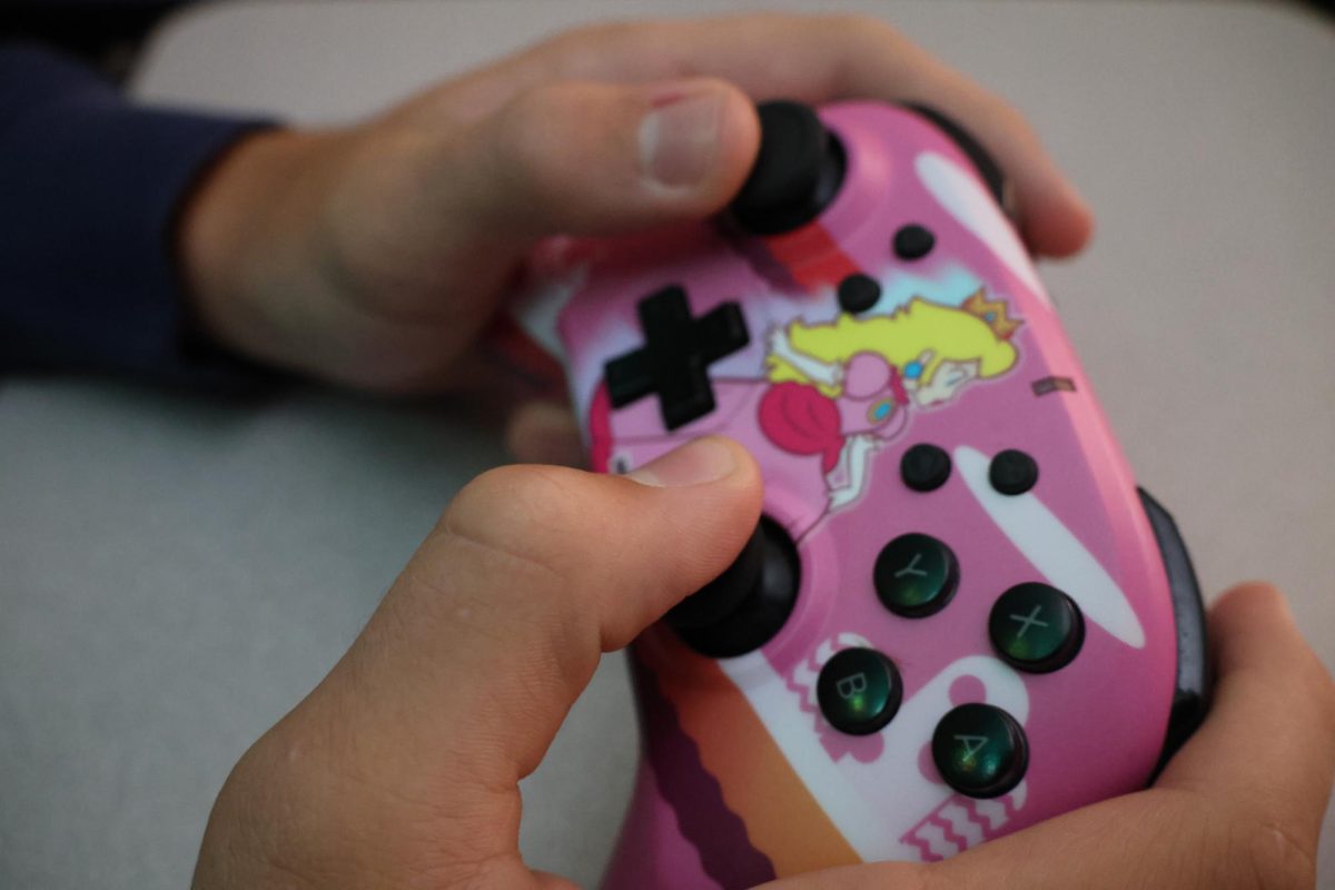 A person holding a HORI brand Nintendo Switch Pro Controller with the character Princess Peach on it.