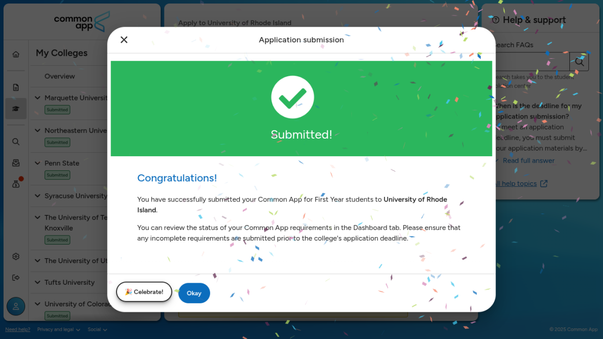 The CommonApp page after submitting an application.