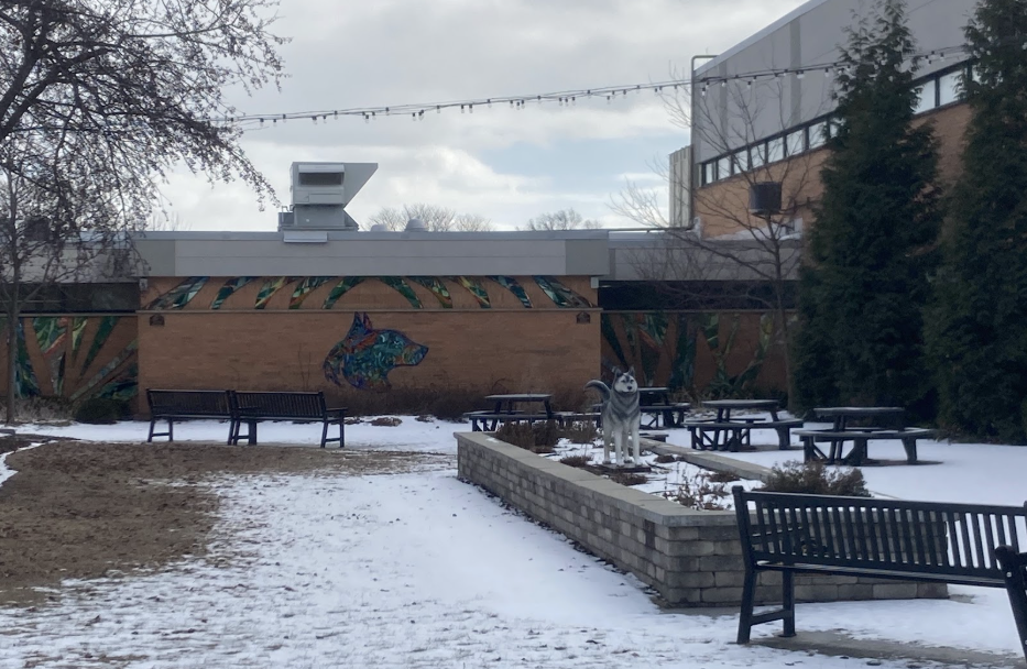 A photo of the courtyard, covered in snow.