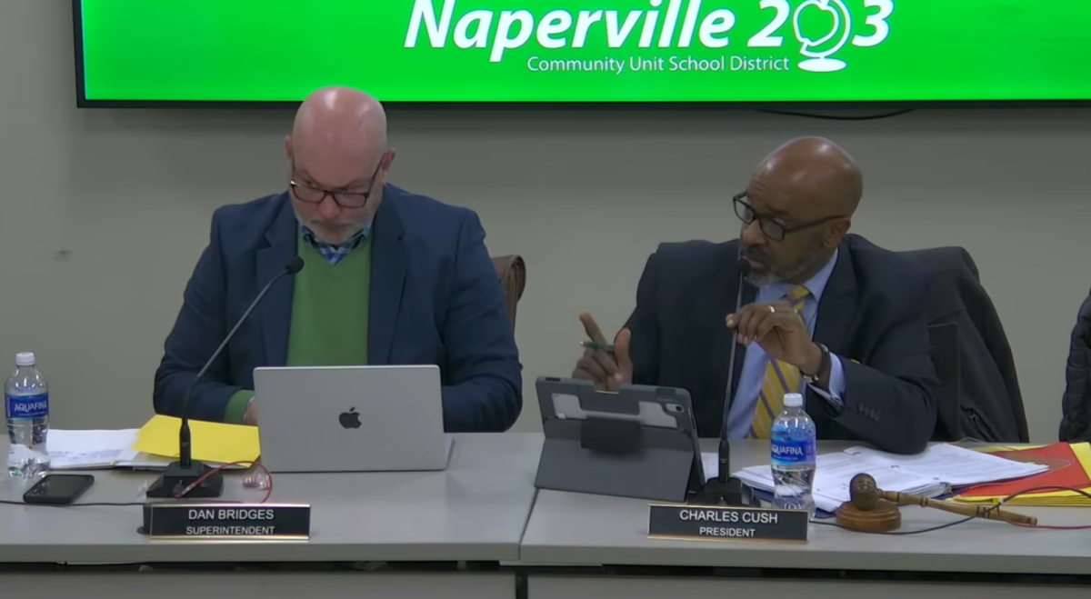 D203 Superintendent Dan Bridges (left) and D203 Board President Charles Cush (right) addressing other members during a board meeting. Photo courtesy of Naperville 203 Board of Education YouTube. 